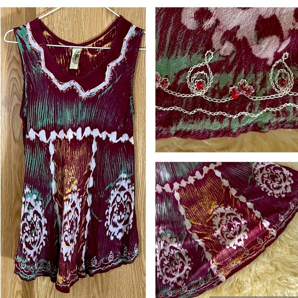 Maroon Beaded Sequined Embroidered Sleeveless Swing Linen X-Long Top - Picture 1 of 9